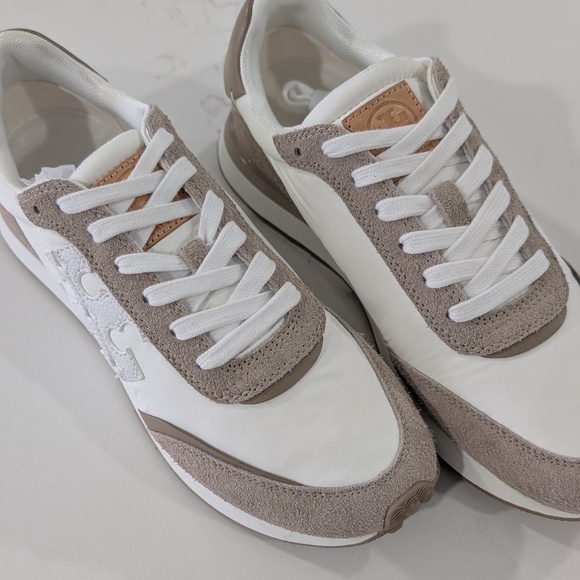 Tory Burch Destiny Trainer Sneaker White Tan Nylon Suede Size 8 Women's 164281
